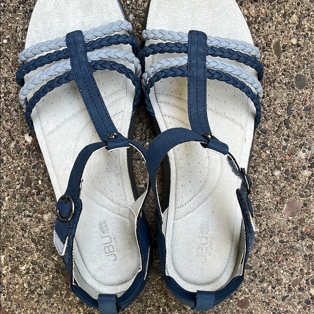 JBU Navy and Light Gray Braided T-Strap Sandals